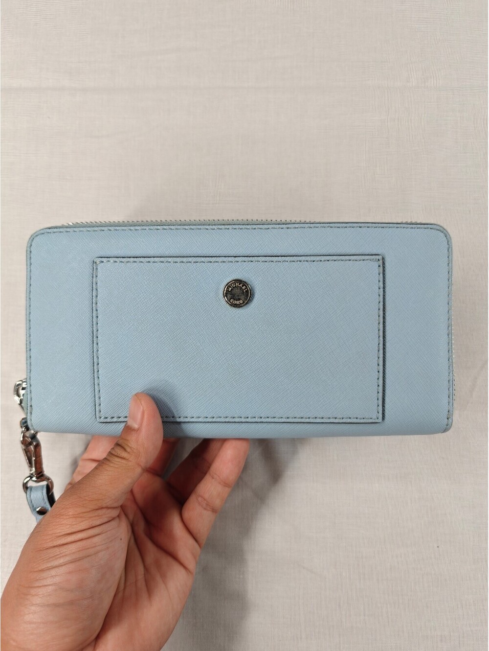 Michael Kors Large Zip Around Wristlet Wallet Light Blue Navy Leather
